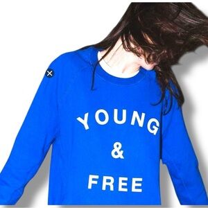 Young & Free Vibrant Blue w/ White Letters Front Pocket Crewneck Cozy Sweatshirt